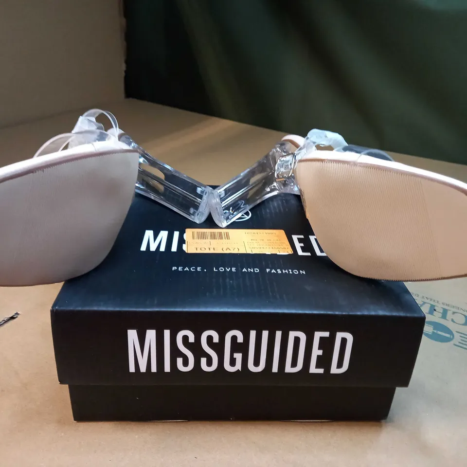 BOXED PAIR OF MISSGUIDED CLEAR SQUARE TOE ILLUSION HEEL  SIZE 7
