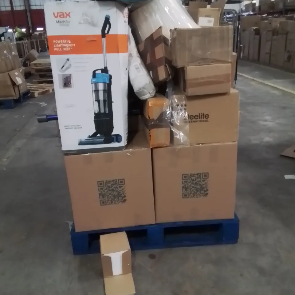 PALLET OF ASSORTED HOUSEHOLD GOODS AND PRODUCTS TO INCLUDE;VACUUM CLEANER,HEATER,MIRROR,WOMEN'S SHOES,STEAMER,DEHUMIDIFIER,HOOVER