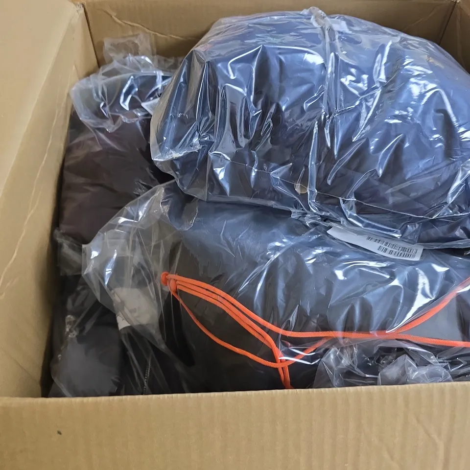 BOX OF APPROXIMATELY 12 ASSORTED CLOTHING ITEMS IN VARIOUS STYLES , COLOURS AND SIZES