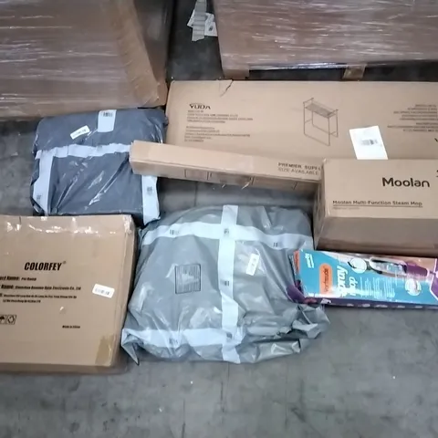 PALLET OF ASSORTED ITEMS INCLUDING MOOLAN MULTIFUNCTION STEAM MOP, YUDA, COLORFEY PET RAMP, VORFREUDE SPRAY MOP, SPRING LOADED TENSION ROD, LED VANITY MIRROR LIGHT