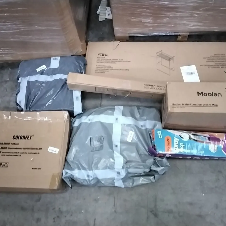PALLET OF ASSORTED ITEMS INCLUDING MOOLAN MULTIFUNCTION STEAM MOP, YUDA, COLORFEY PET RAMP, VORFREUDE SPRAY MOP, SPRING LOADED TENSION ROD, LED VANITY MIRROR LIGHT 