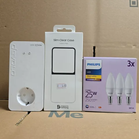 BOX OF APPROXIMATELY 15 ASSORTED ITEMS TO INCLUDE SLIM CLEAR CASE FOR GALAXY Z FLIP6, PHILIPS LED BULBS, ETC - COLLECTION ONLY