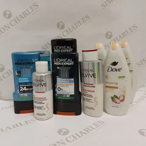 APPROXIMATELY 9 ASSORTED HEALTH AND BEAUTY PRODUCTS TO INCLUDE LOREAL MEN EXPERT SHOWER GEL, LOREAL ELVIVE BOND REPAIR RESCUE PRE-SHAMPOO, DOVE BODY WASH
