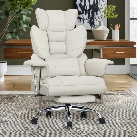BOXED PU LEATHER EXECUTIVE CHAIR WITH FOOTREST AND LUMBAR SUPPORT - CREAM