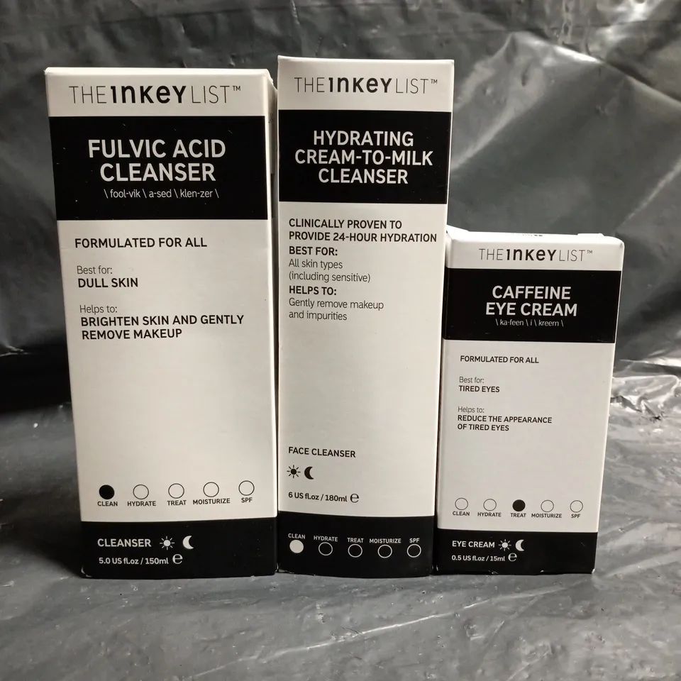 THE INKEY LIST SKINCARE TRIO: FULVIC ACID CLEANSER, HYDRATING CREAM-TO-MILK CLEANSER, CAFFEINE EYE CREAM