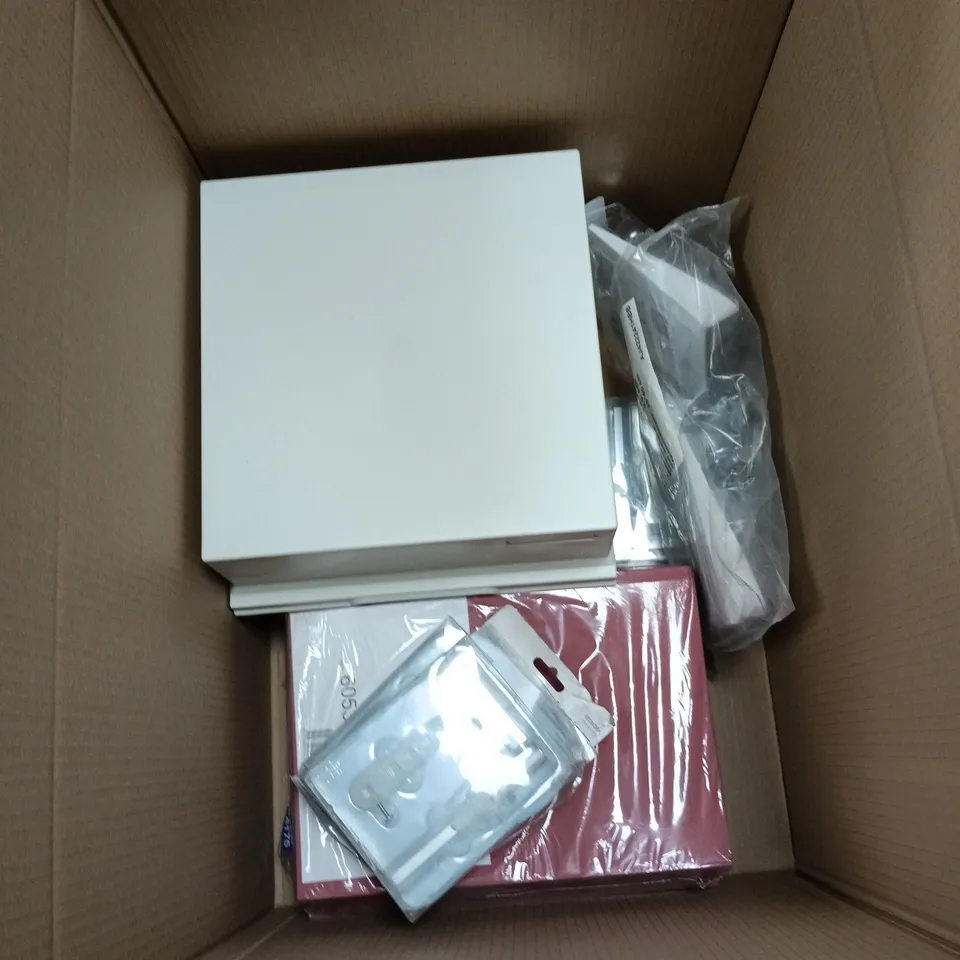 BOX OF APPROXIMATELY 6 ASSORTED ITEMS INCLUDING CROYDEX TOILET HANDLE AND RED PHOTO COPIER PAPER