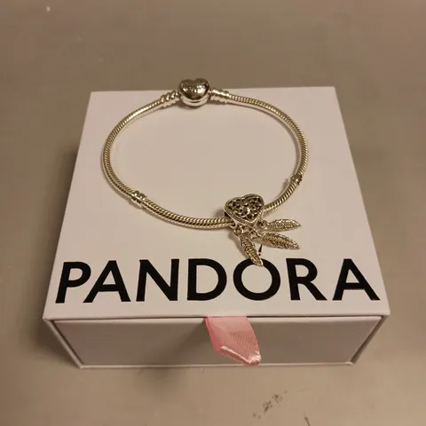 PANDORA SILVER CHARM BRACELET WITH FEATHER HEART CHARM