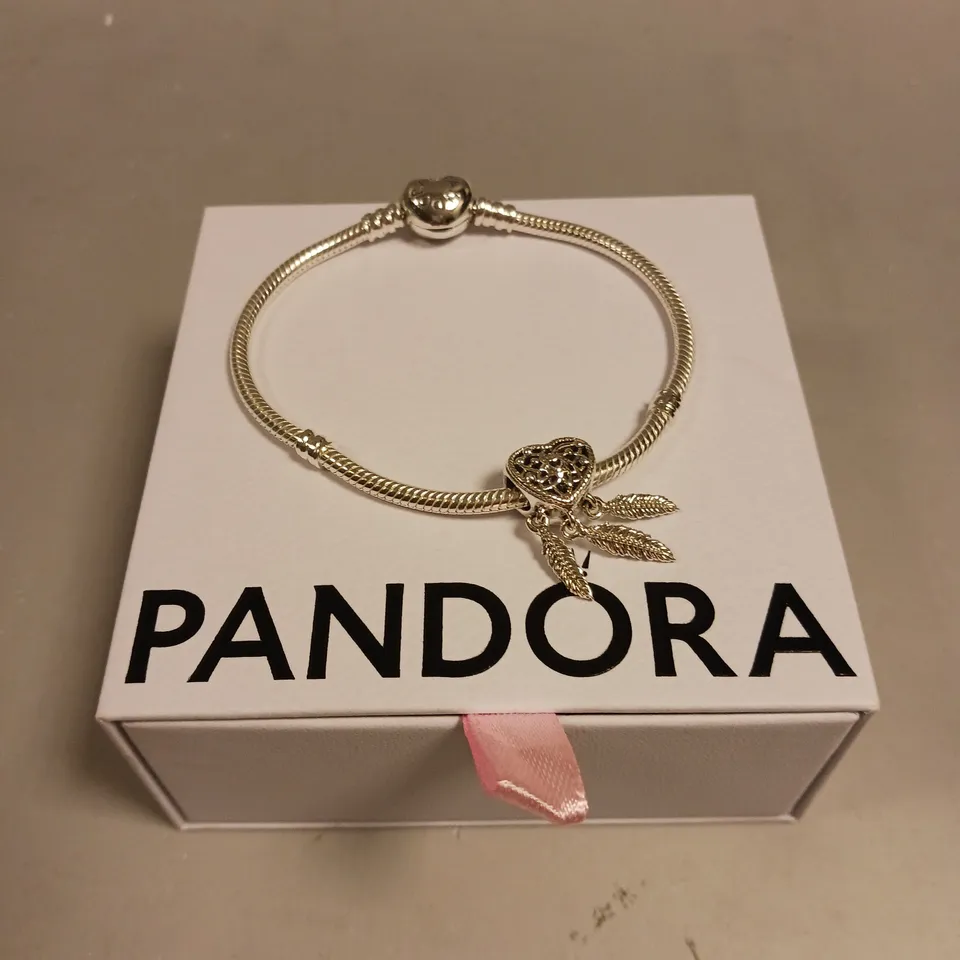 PANDORA SILVER CHARM BRACELET WITH FEATHER HEART CHARM