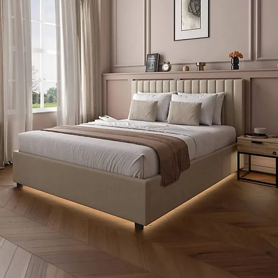 BOXED XR LIVING MAISIE VELVET OTTOMAN BED WITH UNDER FRAME LED LIGHTS- KING SIZE - NATURAL STONE (2 BOXES)