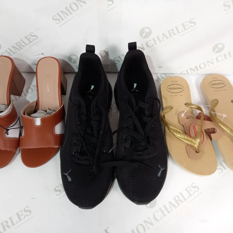 BOX OF APPROXIMATELY 20 ASSORTED PAIRS OF SHOES IN VARIOUS STYLES AND SIZES TO INCLUDE HAVAIANAS, PUMA, NEW LOOK, ETC