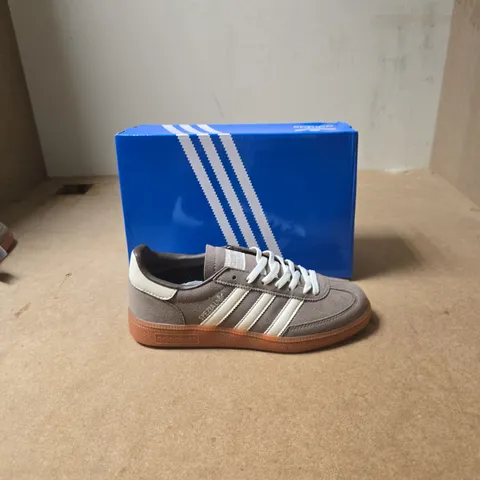 ADIDAS HANDBALL SPEZIAL BROWN SUEDE TRAINERS WITH WHITE STRIPES – BOXED - UK SIZE 5