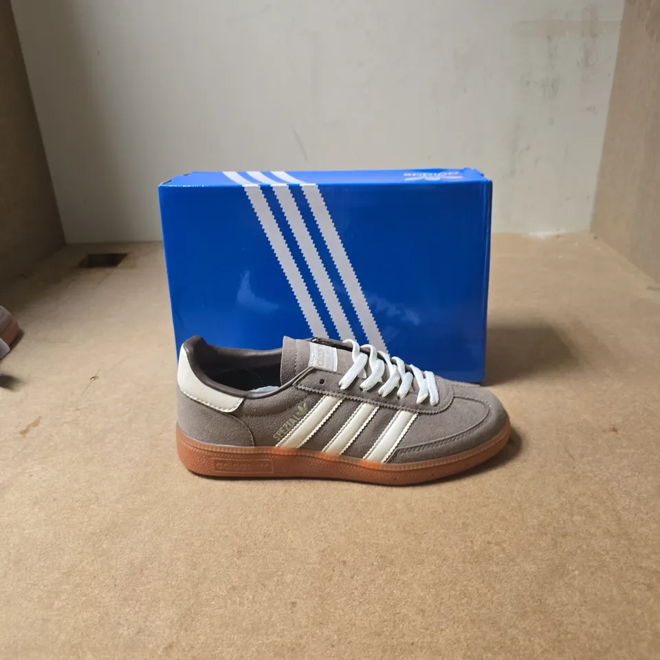 ADIDAS HANDBALL SPEZIAL BROWN SUEDE TRAINERS WITH WHITE STRIPES – BOXED - UK SIZE 5