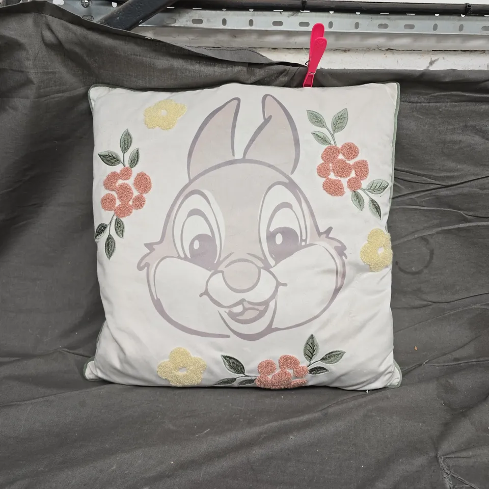 DECORATIVE CUSHION WITH CARTOON BUNNY DESIGN AND FLORAL EMBROIDERY