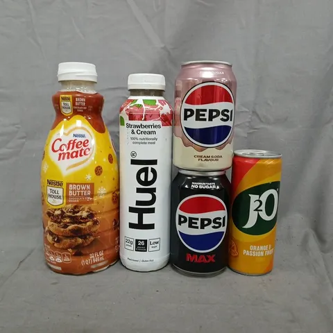 APPROXIMATELY 8 ASSORTED FOOD AND DRINK ITEMS TO INCLUDE J2O, PEPSI, HUEL, ETC