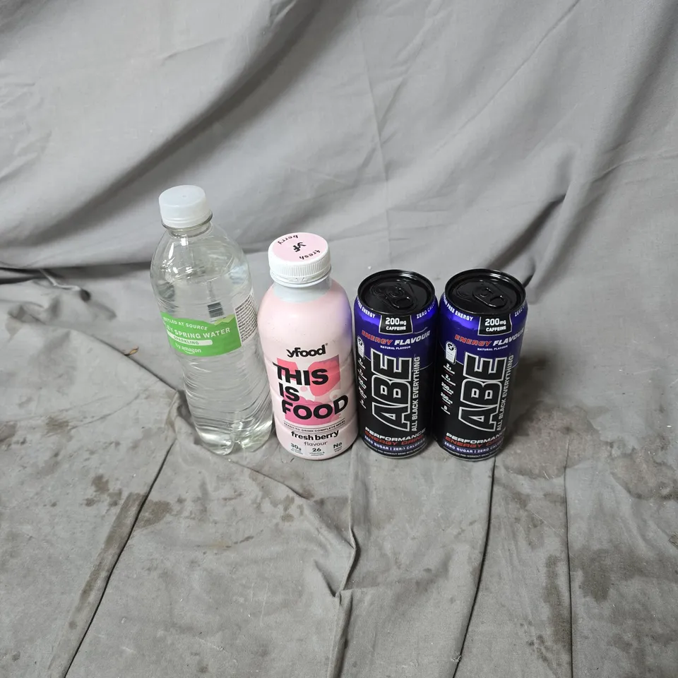 TOTE OF APPROXIMATELY 10 ASSORTED FOOD AND DRINK ITEMS TO INCLUDE ABE "ALL BLACK EVERYTHING" ENERGY DRINK, YFOOD FRESH BERRY FLAVOUR, SHEPLEY SPRING WATER SPARKLING ETC