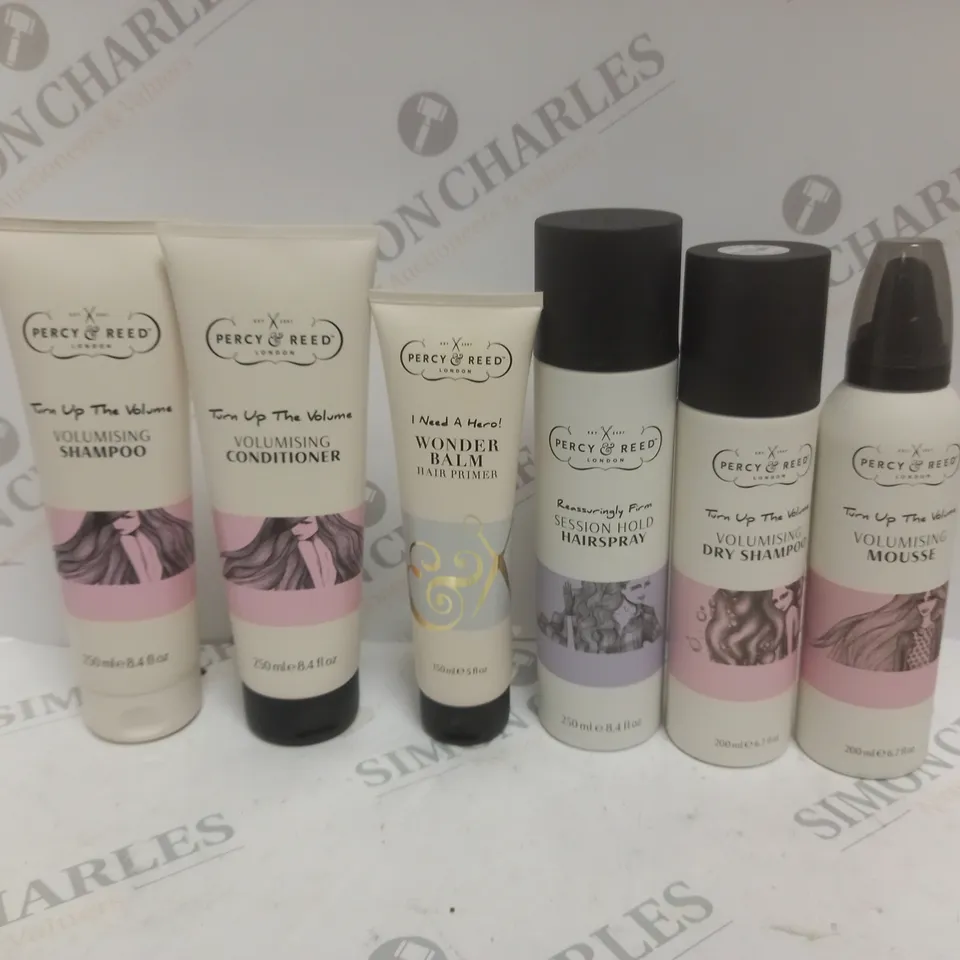 SET OF 6 PERCY & REED LONDON HAIR CARE PRODUCTS TO INCLUDE SHAMPOO, MOUSSE, HAIRSPRAY ETC 