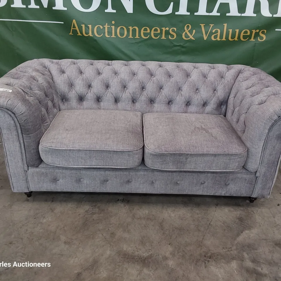 DESIGNER TWO SEATER CHESTERFIELD SOFA GREY FABRIC 
