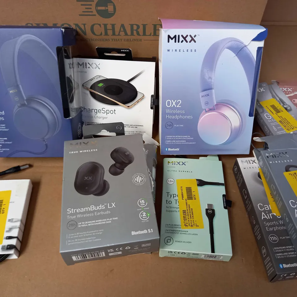 BOX OF MISCELLANEOUSMIXX ITEMS TO INCLUDE: WIRED & WIRELESS HEADPHONES, EARBUDS, CHARGING CABLES &TC.