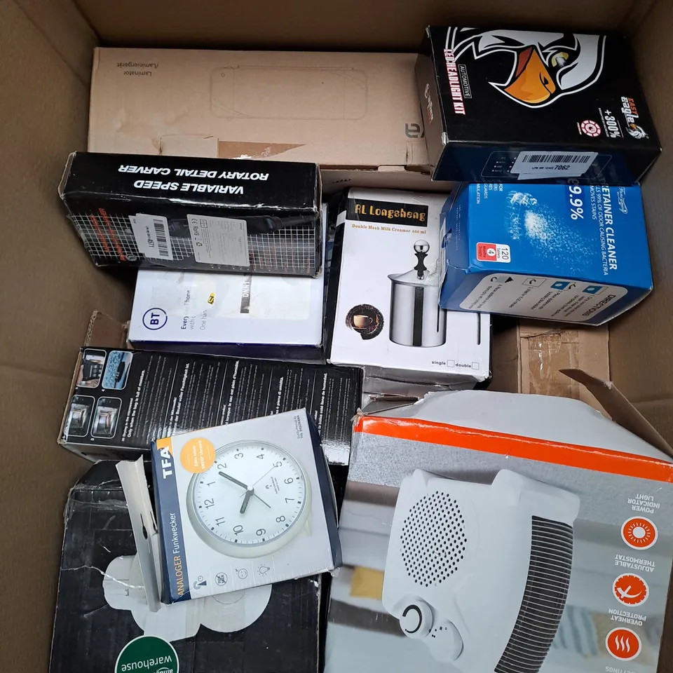 BOX OF APPROXIMATELY 15 ASSORTED ITEMS TO INCLUDE - RETAINER CLEANER, LED HEADLIGHT KIT, CLOCK ETC