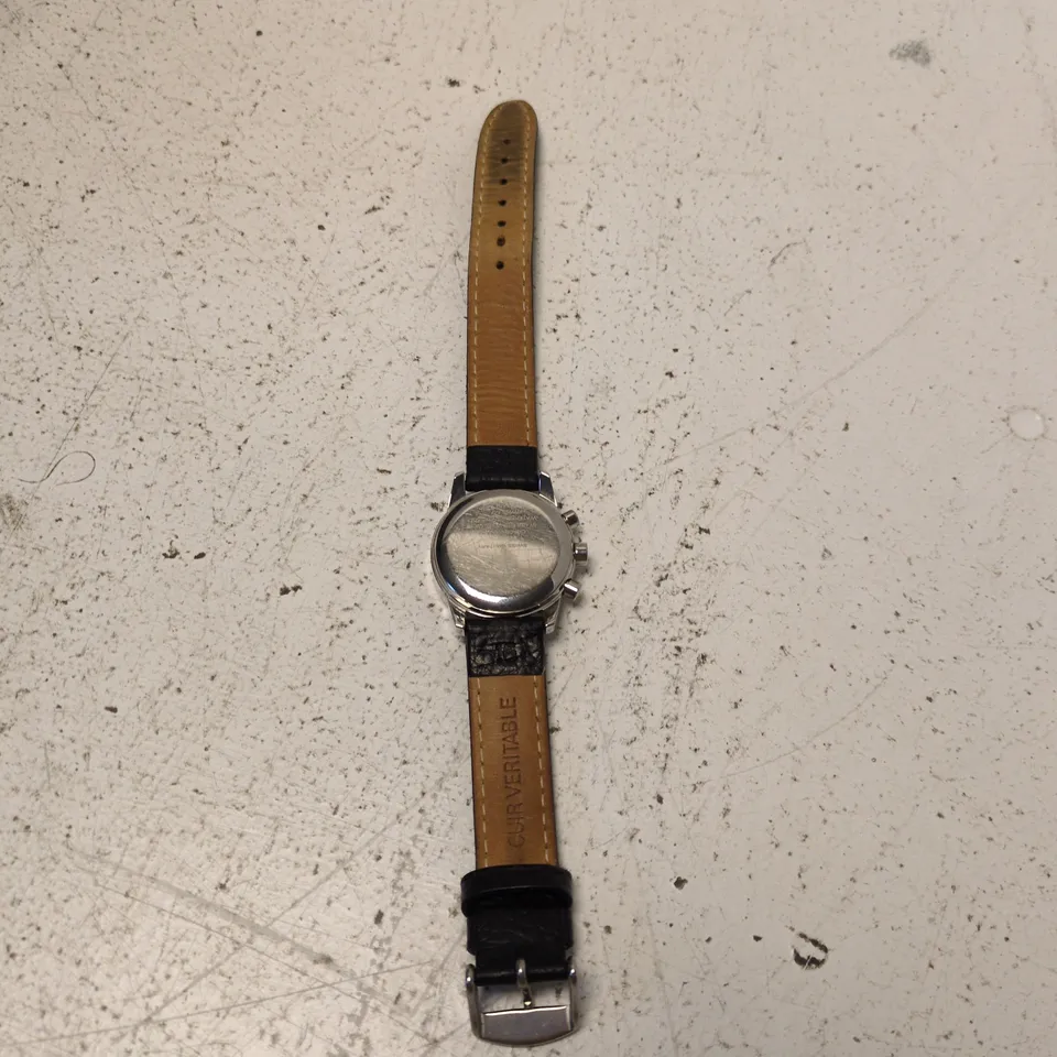 SWISS MILITARY CHRONOGRAPH WATCH – STAINLESS STEEL CASE, BLACK DIAL, LEATHER STRAP, DATE WINDOW
