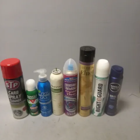 APPROXIMATELY 12 ASSORTED AEROSOLS TO INCLUDE LOREAL ELNETT, CARB SPRAY CLEANER, AND JUNGLE FORMULA ETC. 