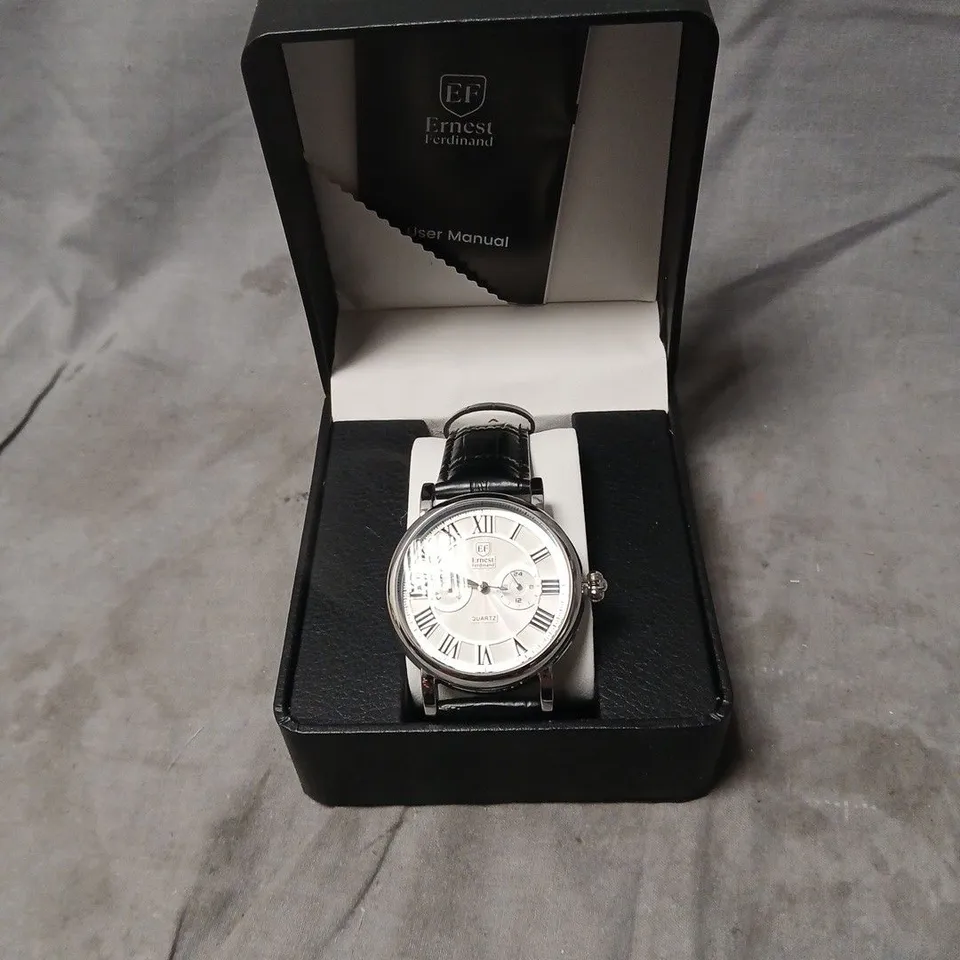 ERNEST FERDINAND QUARTZ WRISTWATCH WITH ROMAN NUMERAL DIAL, BLACK LEATHER STRAP (EF)
