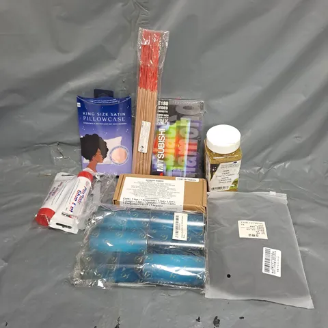 APPROXIMATELY 12 ASSORTED HOUSEHOLD ITEMS TO INCLUDE KING SIZE SATIN PILLOWCASE, PINFLAIR GLUE GEL, MITSUBISHI E180 VIDEO CASSETTE, ETC