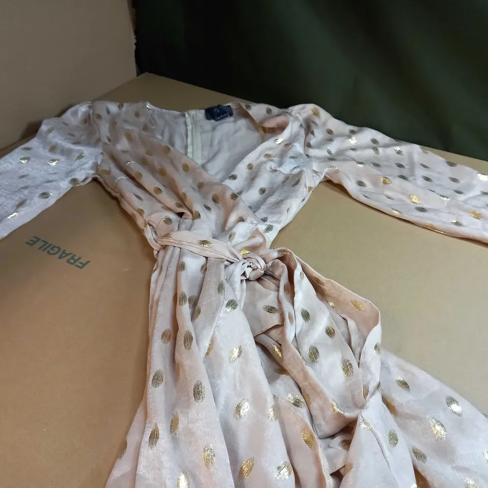 AX PARIS CHAMPAGNE GOLD PLUNGE RUFFLE WRAP AROUND DRESS - SIZE 8