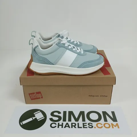BOXED PAIR OF FITFLOP F-MODE FLOW FABRIC FLATFORM SNEAKERS IN MINT BLUE MIX - UK 6