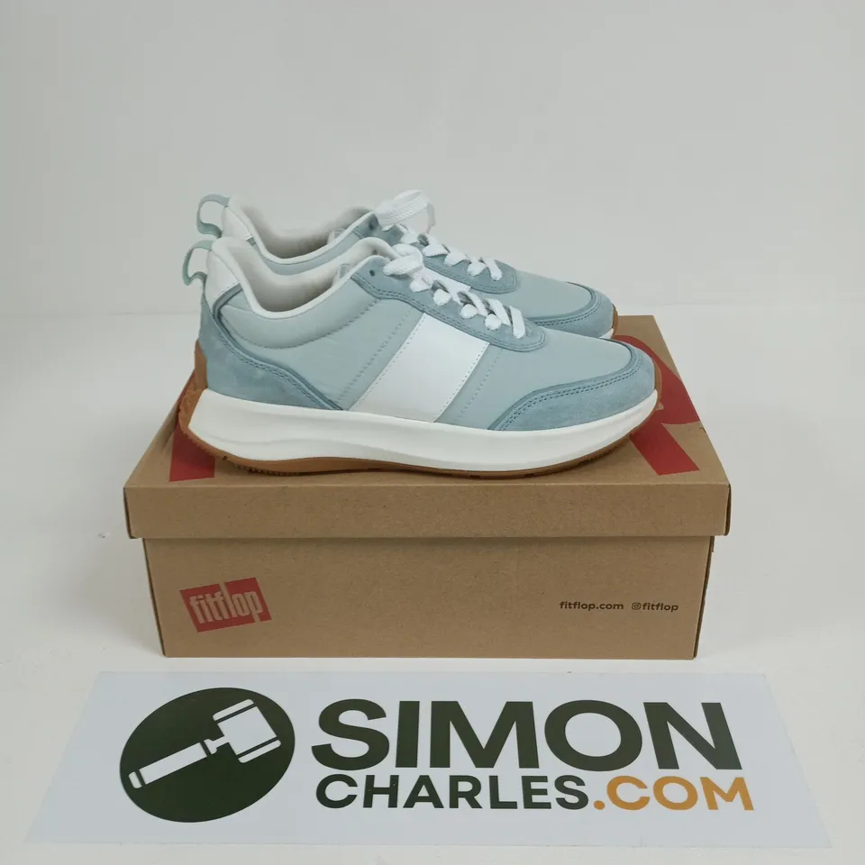 BOXED PAIR OF FITFLOP F-MODE FLOW FABRIC FLATFORM SNEAKERS IN MINT BLUE MIX - UK 6
