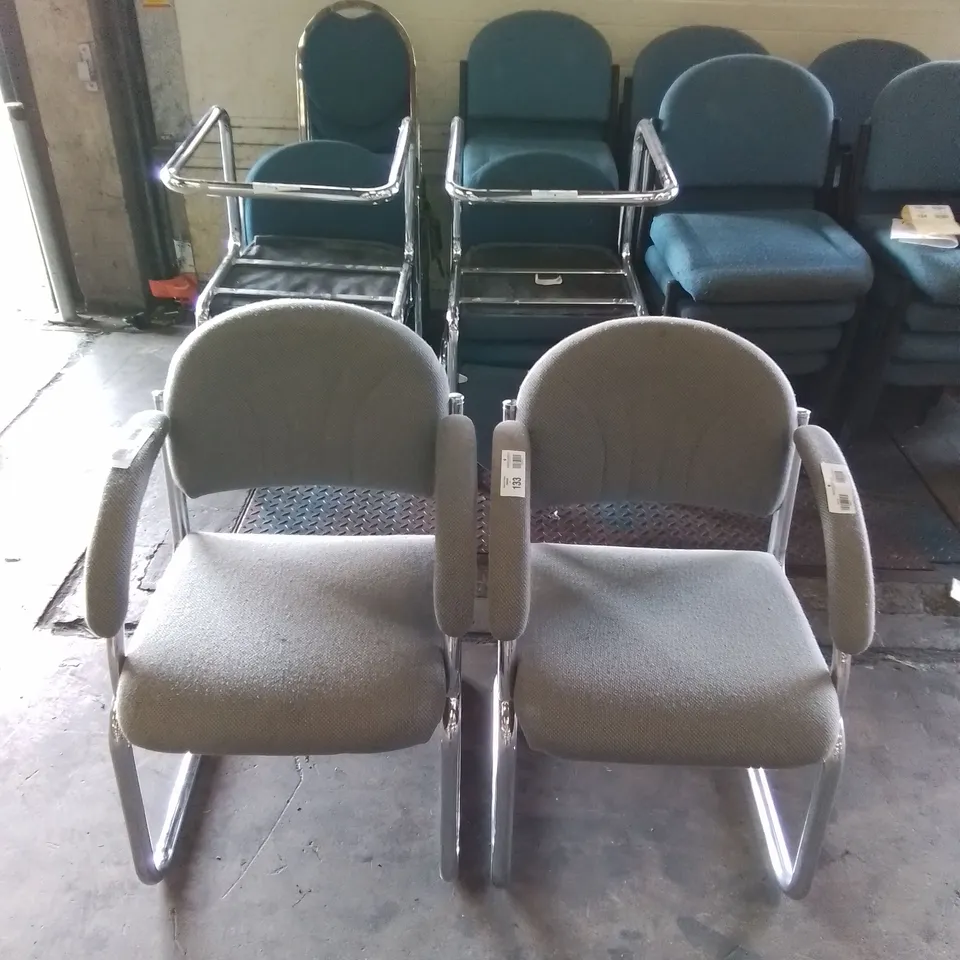 2X GREY FABRIC CHAIRS WITH CHROME FRAME