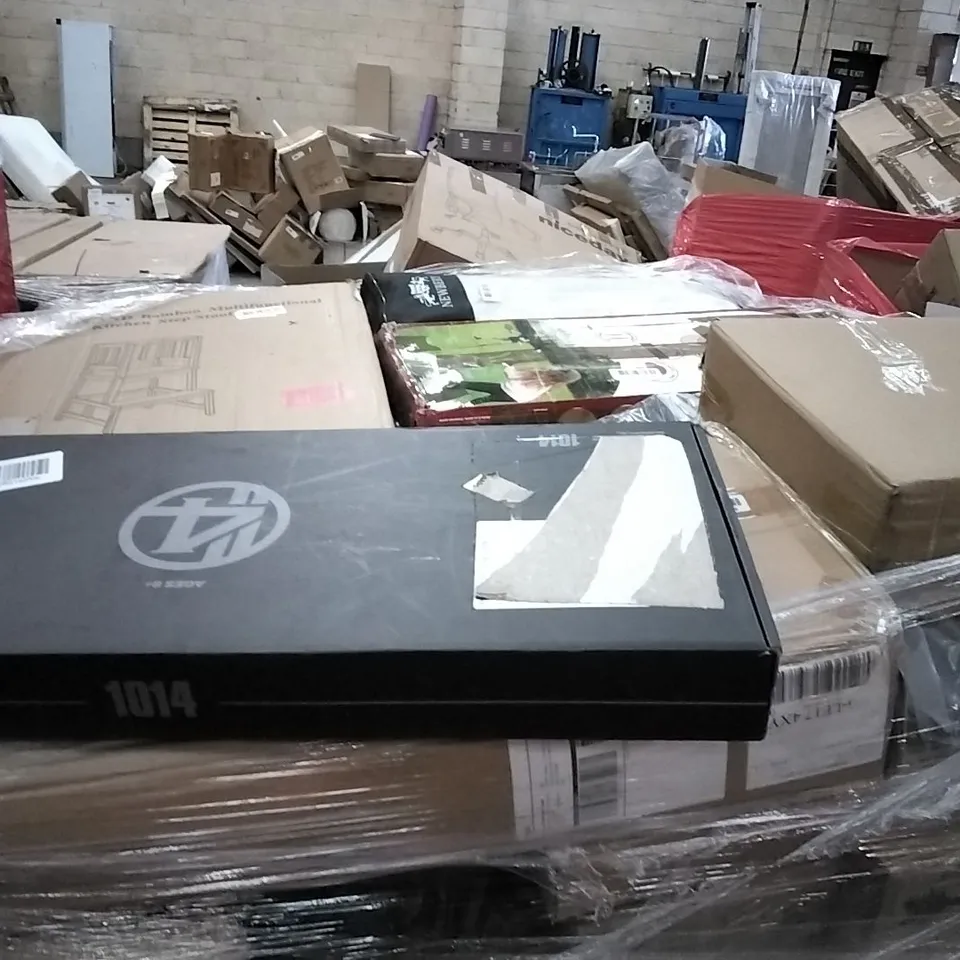 PALLET OF ASSORTED ITEMS INCLUDING CAMMAX SLIP BOARD, SHELL EJECTING TOY FOAM BLASTER, COSYLAND BAMBOO MULTIFUNCTION KITCHEN STEP STOOL, GARDEN GAMES METAL SWING TENNIS, SINGLE HOMTE TABLETOP DISHWASH