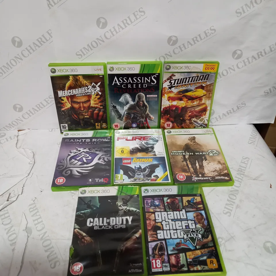 XBOX 360 CONSOLE WITH 2 CONTROLLERS, AND APPROX 8 GAMES TO INCLUDE GTA, CALL OF DUTY AND SAINTS ROW 