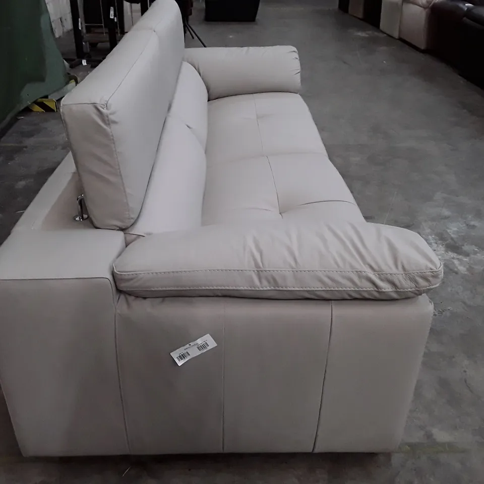 DESIGNER 4 SEATER SOFA WITH ADJUSTABLE HEADREST - LIGHT GREY LEATHER 
