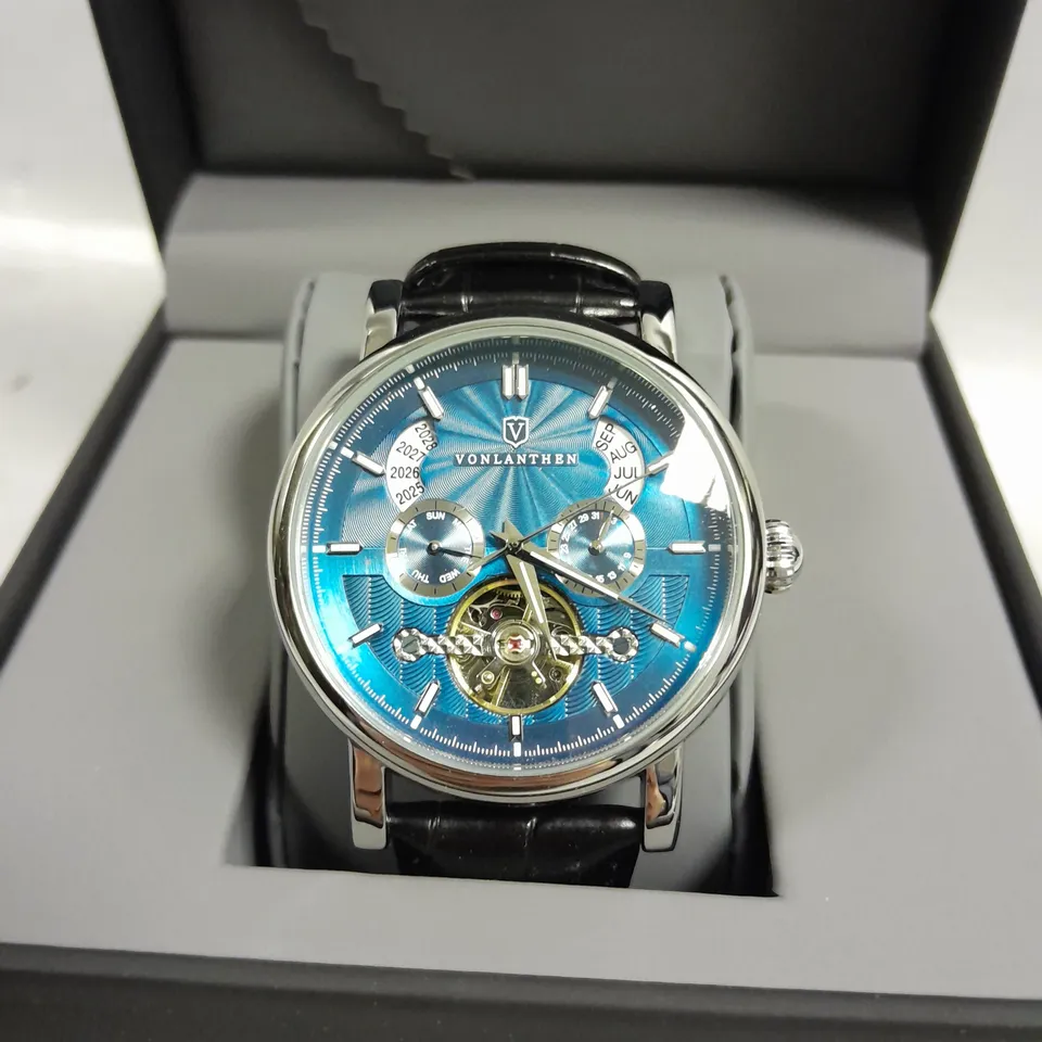 BOXED VONLANTHEN AUTOMATIC WATCH WITH BLUE DIAL BLACK LEATHER STRAP