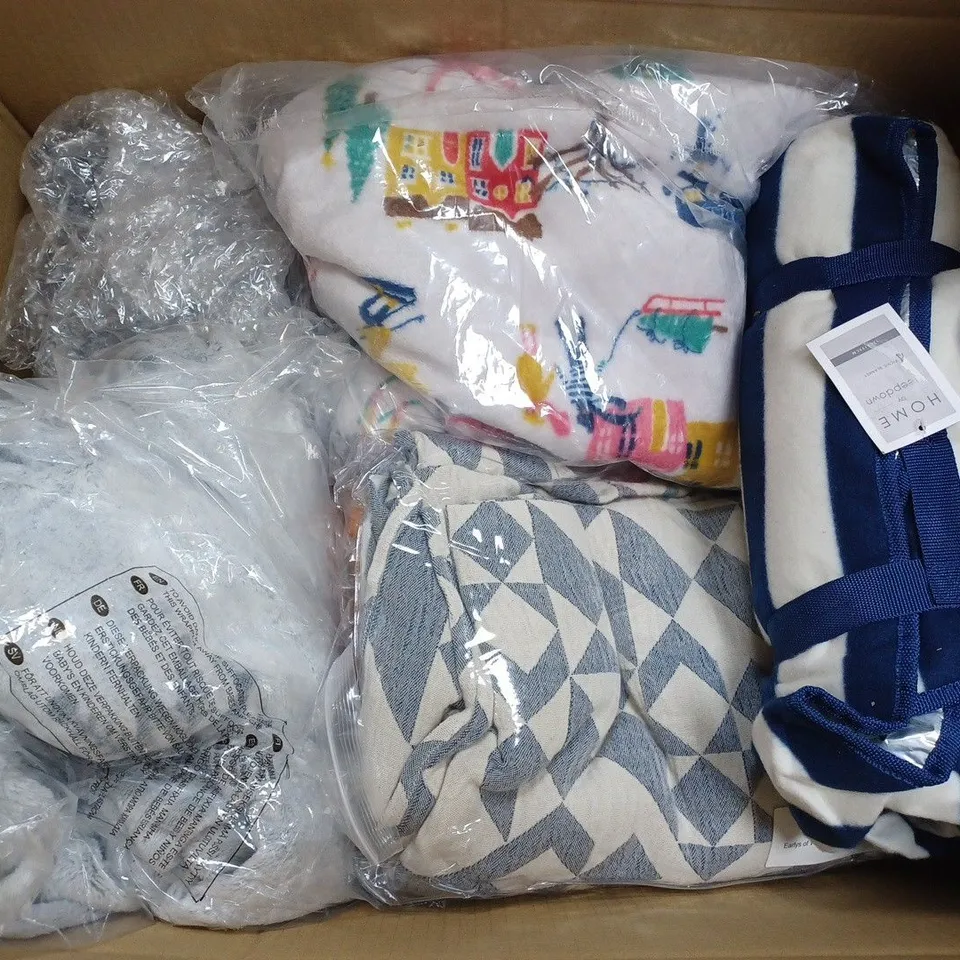 BOX OF APPROX. 15 ASSORTED ITEMS TO INCLUDE - EARLYS OF WITNEY LONGLEAT COTTON THROW - UNBRANDED COW PATTERNED THROW - DEEPDOWN PICNIC BLANKET ECT