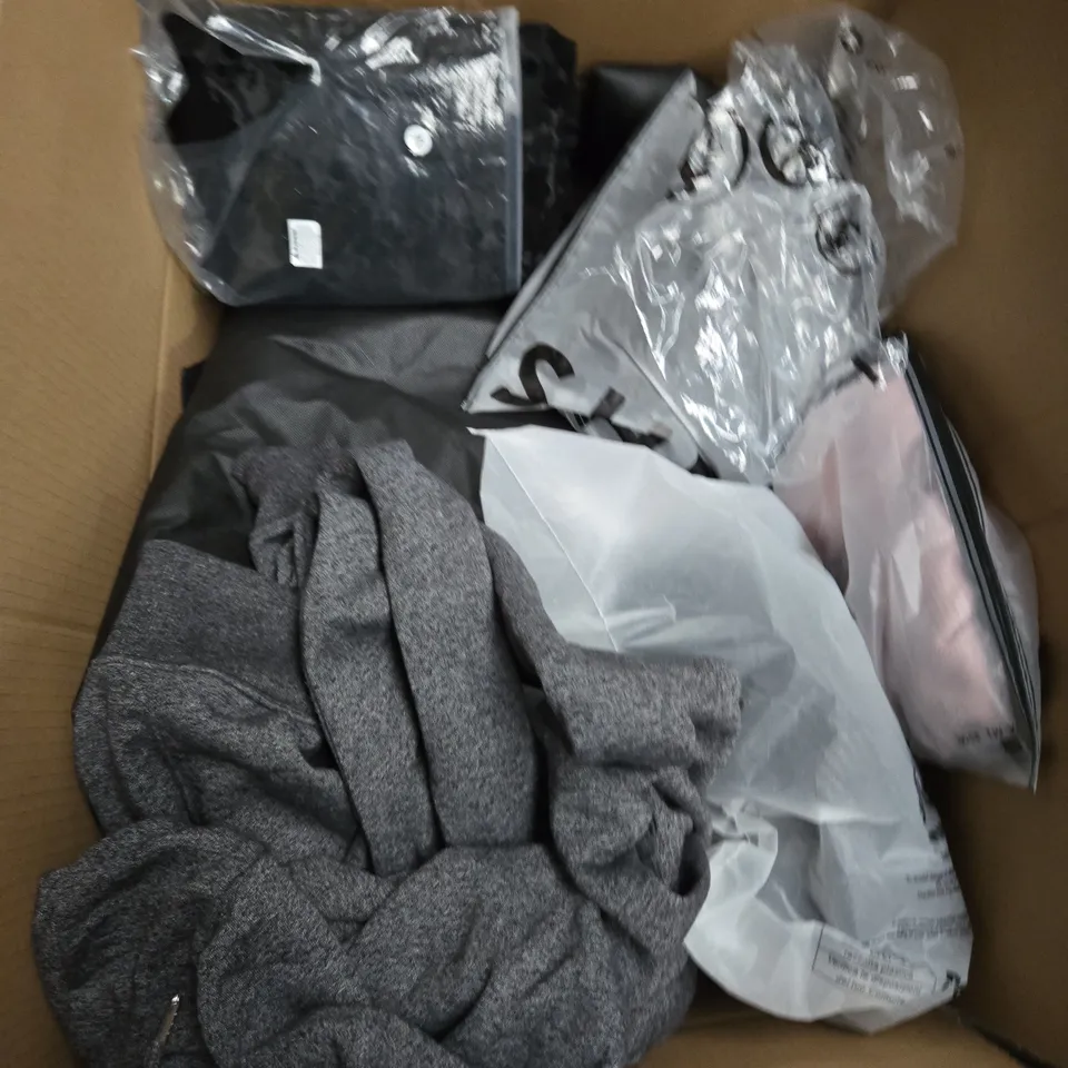 LARGE BOX OF ASSORTED CLOTHING ITEMS IN VARIOUS STYLES, COLOURS AND SIZES