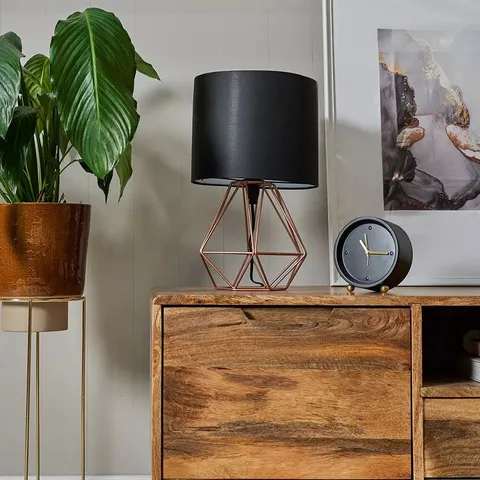 BOXED MINISUN MODERN COPPER METAL BASKET CAGE STYLE TABLE LAMP WITH A BLACK SHADE (1 BOX)