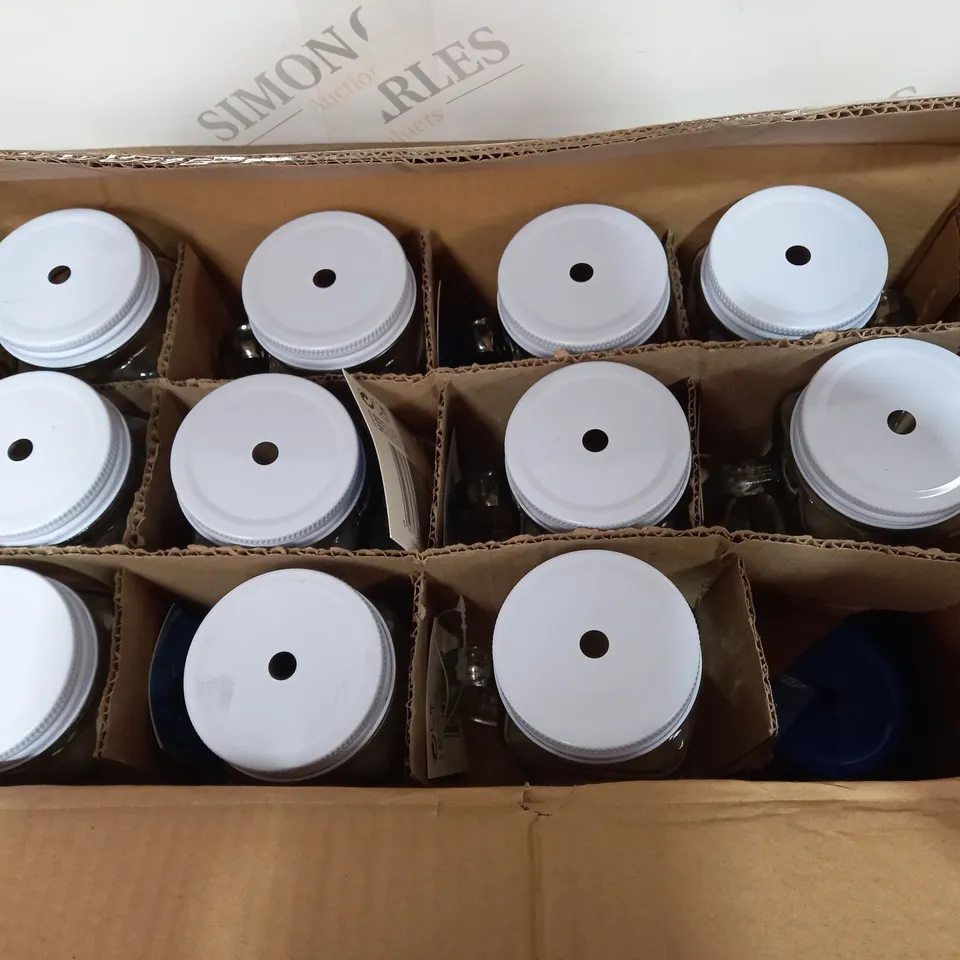 BRAND NEW BOXED SET OF 24 MASON JARS, 12 WITH WHITE LID, 12 BLUE