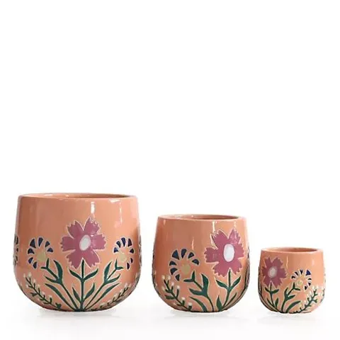 GARDEN STORIES SET OF 3 CERAMIC FLORAL PLANTERS