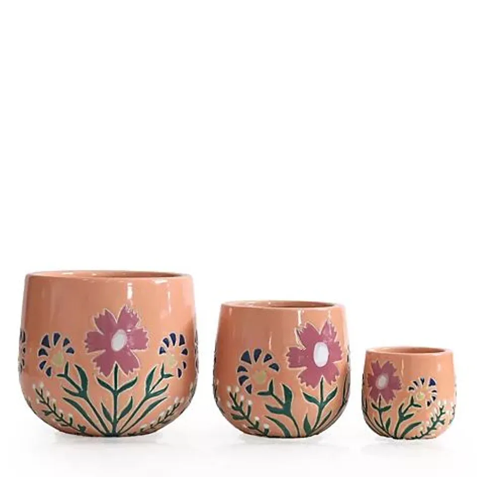 GARDEN STORIES SET OF 3 CERAMIC FLORAL PLANTERS