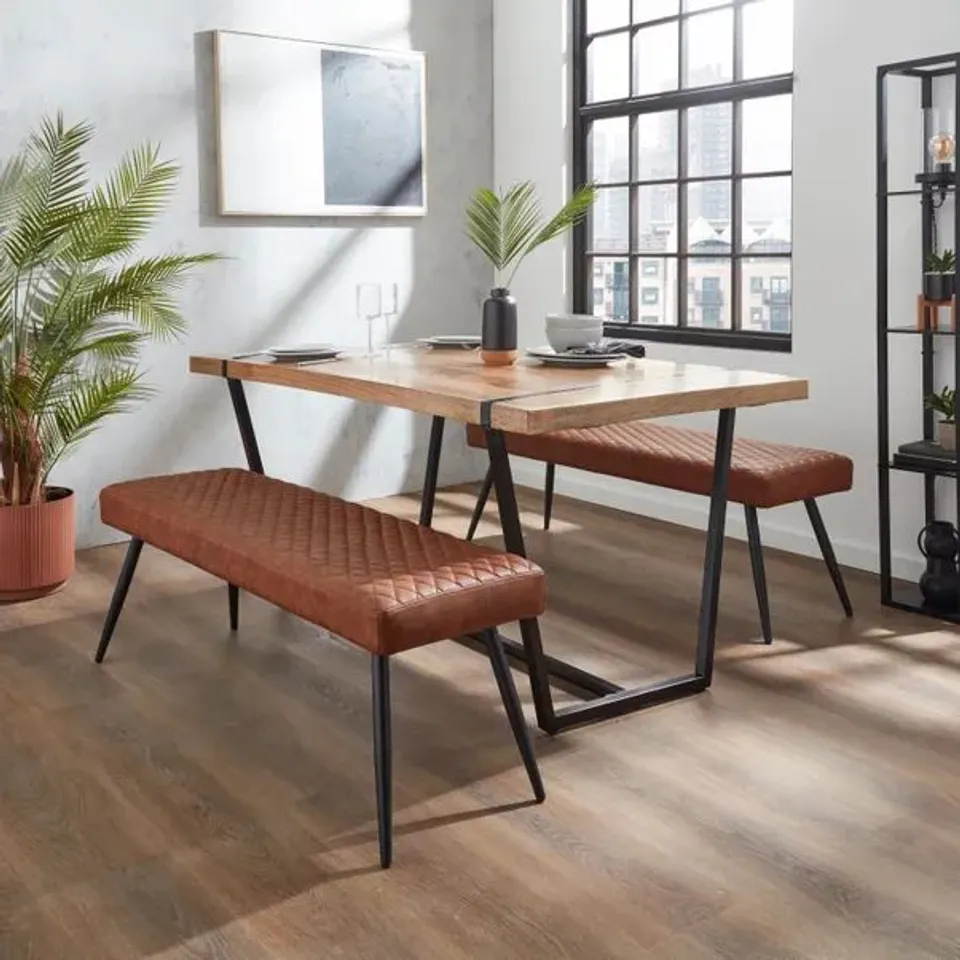 BOXED MONTREAL 2 SEATER DINING BENCH, FAUX LEATHER, 135cm - TAN (1 BOX)