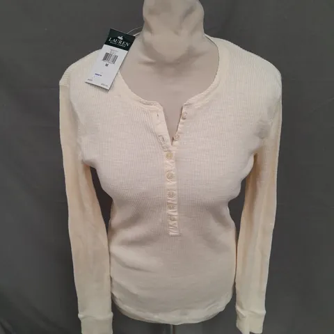 RALPH LAUREN RIBBED LONG SLEEVE TOP IN CREAM SIZE M