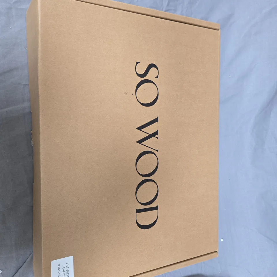 WOODEN SERVING TRAY WITH THREE WHITE CERAMIC BOWLS