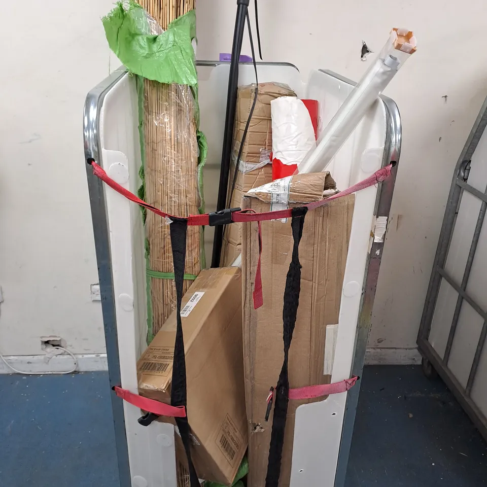 CAGE OF ASSORTED HOUSEHOLD ITEMS TOO INCLUDE MASSAGERS , BLINDS , CHRISTMAS TREE'S , ETC 