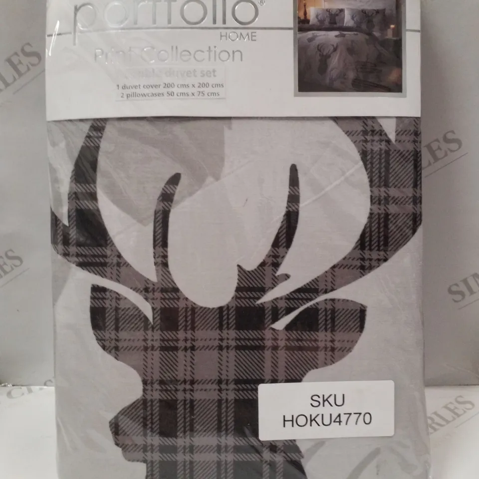 BRAND NEW PORTFOLIO TARTAN STAG DOUBLE 200×220CM DUVET SET - GREY