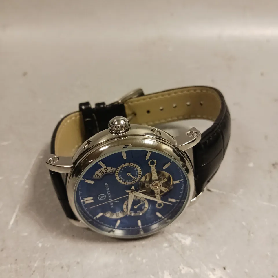 MENS VONLANTHEN AUTOMATIC WATCH – DATE YEAR SUB DIAL COMPLICATIONS – OPEN HEART MOVEMENT – GLASS EXHIBITION BACKCASE – BLACK LEATHER STRAP