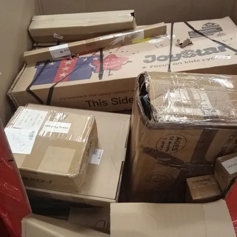 PALLET OF ASSORTED HOUSEHOLD GOODS AND PRODUCTS TO INCLUDE; KIDS BIKES, BOXED FURNITURE ETC