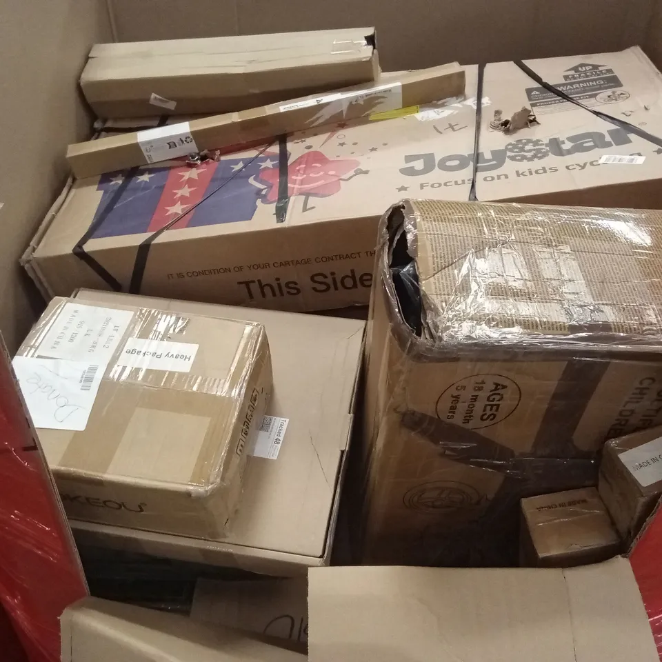 PALLET OF ASSORTED HOUSEHOLD GOODS AND PRODUCTS TO INCLUDE; KIDS BIKES, BOXED FURNITURE ETC