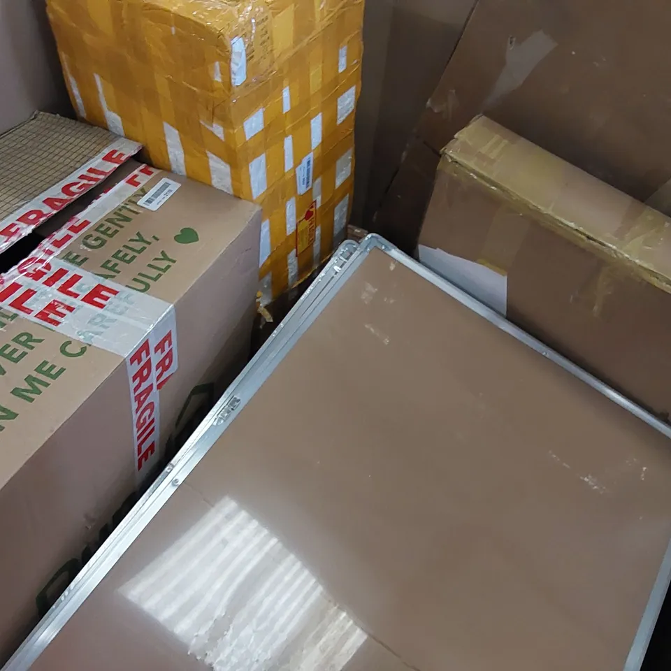 PALLET OF ASSORTED ITEMS INCLUDING: COFFEE MACHINE, MEMORY FOAM MATTRESS TOPPER AND CUSHION, RUG, NOTICE BOARDS